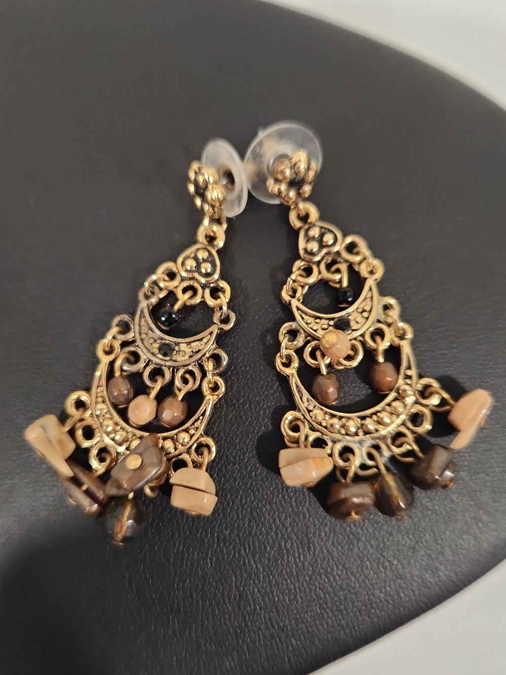 Boho Gold Filigree Chandelier Earrings Brown Ston Chip Beaded Statement Dangle